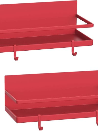 Magnetic Spice Rack Organizer Refrigerator Spice Storage Shelf（Red 2 pack with hook）
