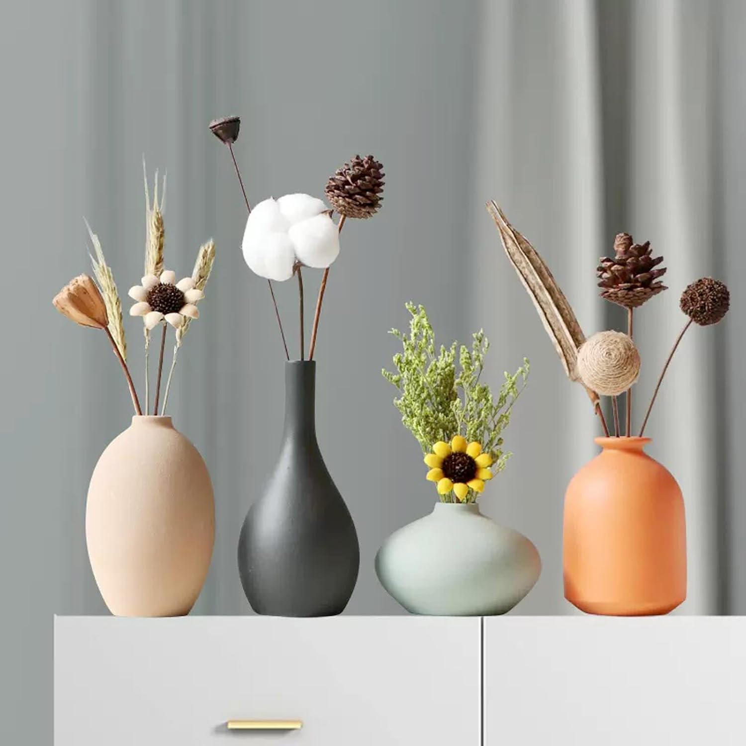 Small Ceramic Vase set of 4 for Modern Home Decor Minimalist Bohemian,Round Matte Vases for Dried Flowers&Pampas Grass Ceramic Decoration for Office,Shelf,Living Room,Bedroom,Entryway decor - Image 2