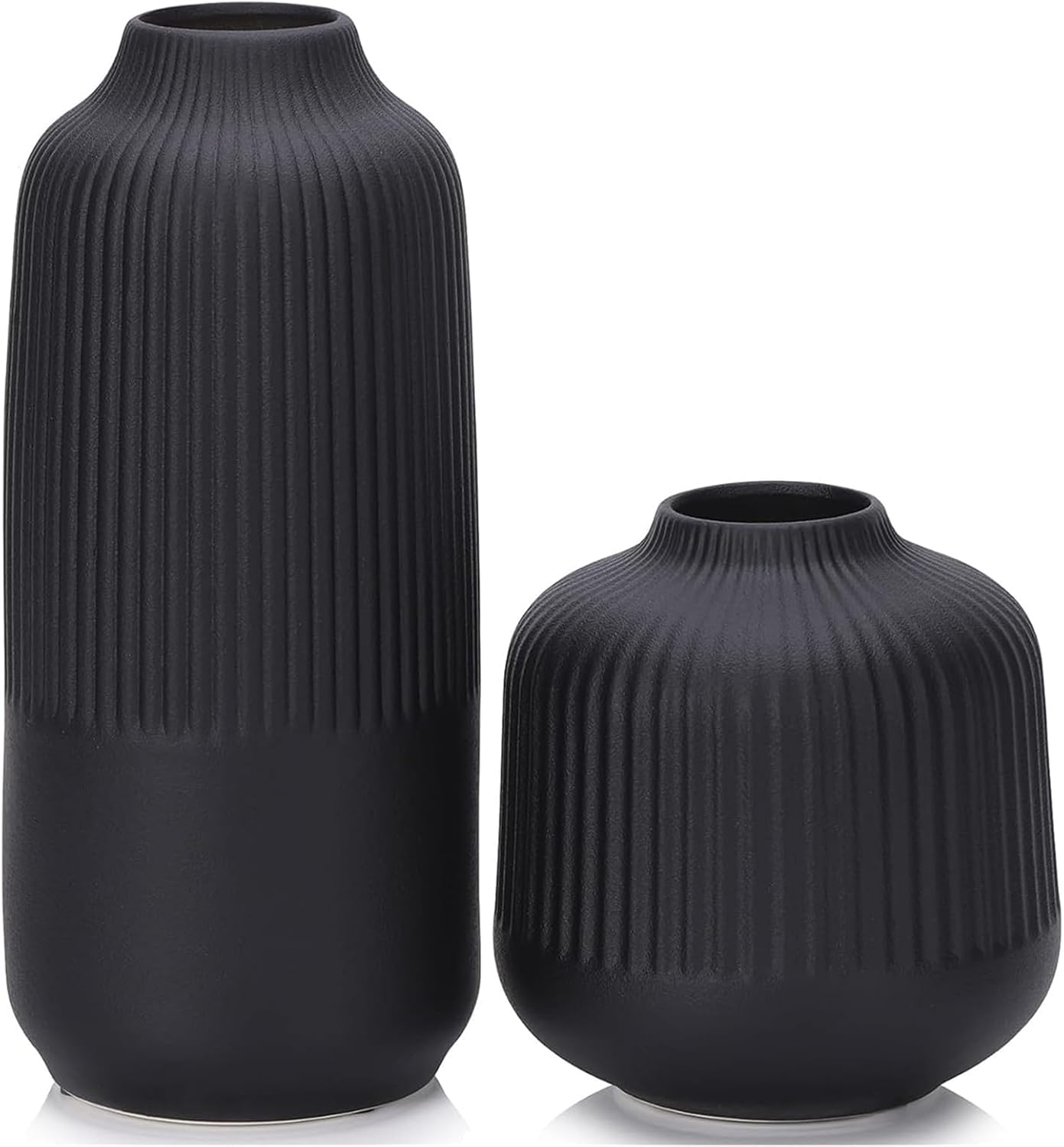 Ceramic Flower Vase Set 2 Large Matte Black Vase for Home Decor Ribbed Vases for Room Office Shelf Decor, Simple Yet Gorgeous Classic Nordic Style Vases for Fresh Dried Flowers Pampas Grass, 10 inch