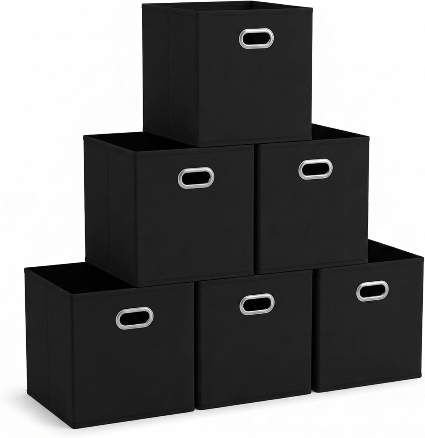 Foldable Fabric Storage Bins 6 Piece Set, Strong Poly-Woven Fabric, Sturdy Chipboard Sides, Grommet Front Handle, Stackable, Classic Design, Black
