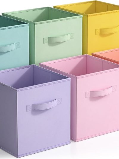 11 Inch Fabric Storage Cubes - Sturdy Collapsible Bins With Handle - 6 Foldable Baskets for Organizing Clothes, Toys, Books - Multi Colored Storage Baskets for Shelves, Kids Room, Closets