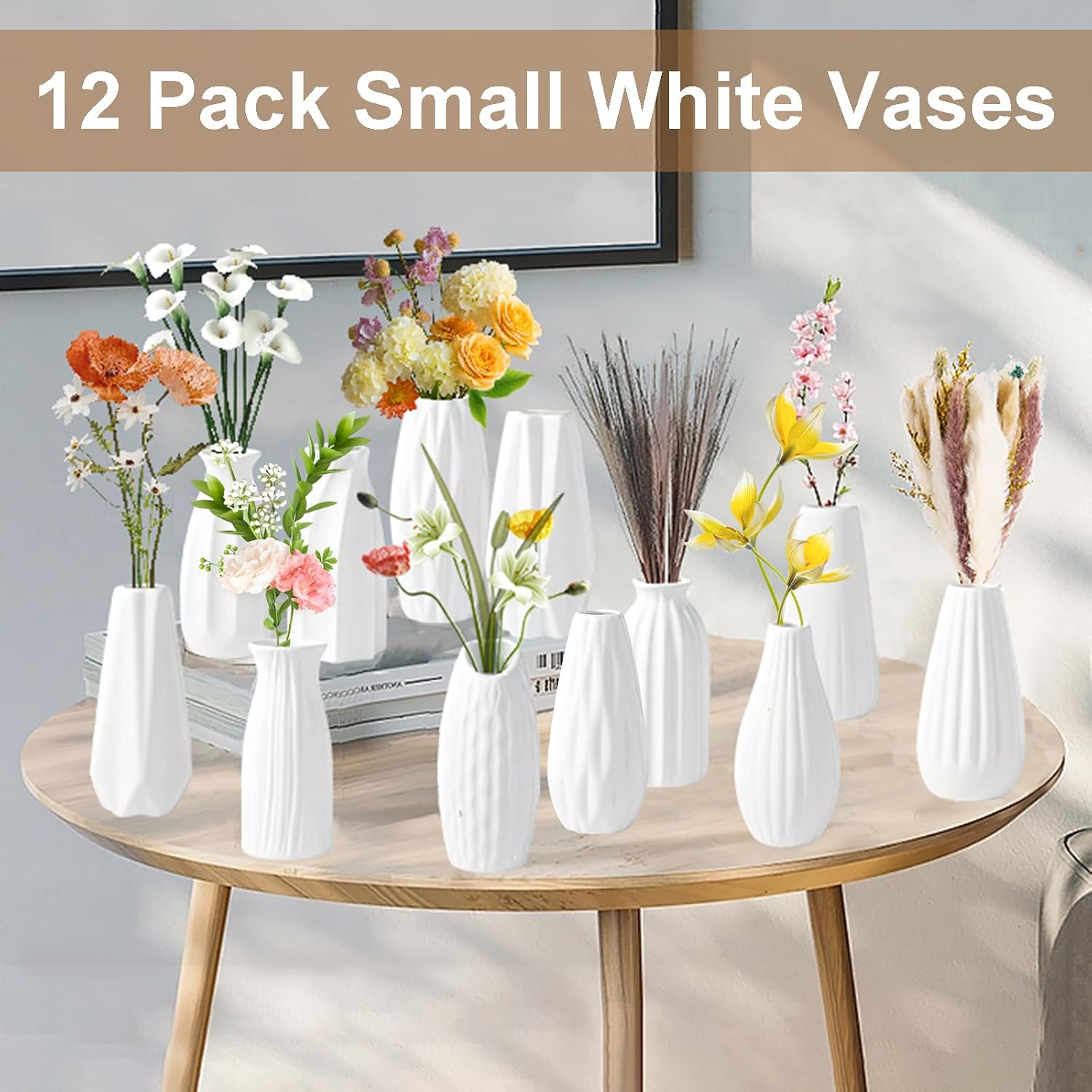 12 Set White Bud Vases, Small Ceramic Bud Vases Set Boho Pampas Grass Flower White Vases Bulk for Centerpieces Wedding Home Decor - Image 2