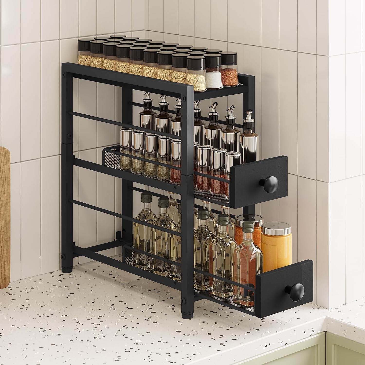 Spice Rack, 3-Tier Pull Out Spice Rack Organizer for Countertop, Narrow Spinning Organizer with 2 Drawers, for Kitchen, Cafe, Black - Image 2