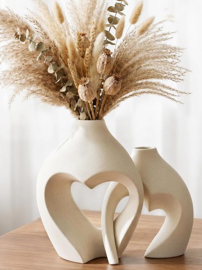 White Ceramic Flower Vase Home Table Decor Heart Shaped Vase Set of 2 | Boho Heart Shaped Minimalist Decorative Vases for coffee Table Centerpiece Wedding Dining Living Room Office House Decoration