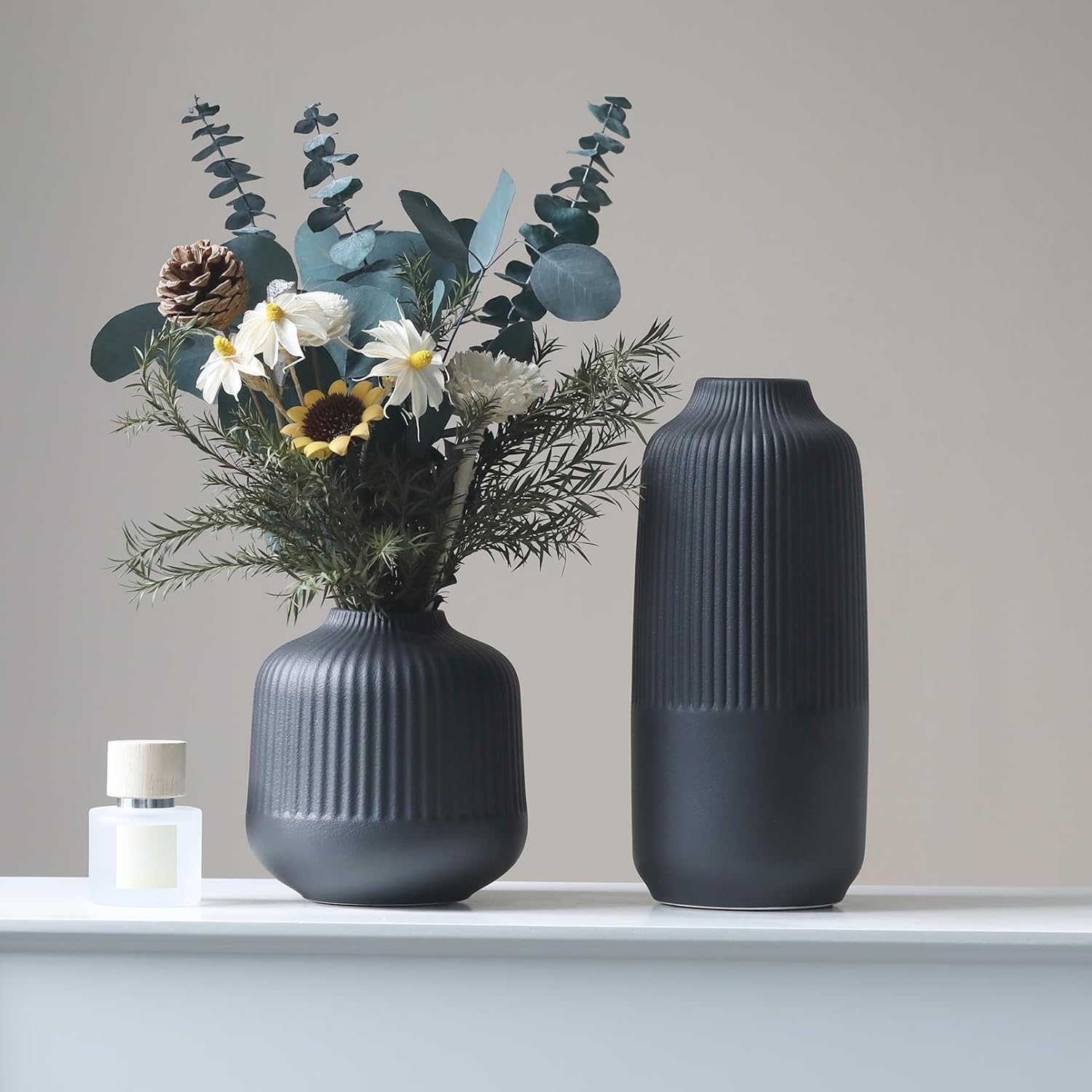 Ceramic Flower Vase Set 2 Large Matte Black Vase for Home Decor Ribbed Vases for Room Office Shelf Decor, Simple Yet Gorgeous Classic Nordic Style Vases for Fresh Dried Flowers Pampas Grass, 10 inch - Image 2
