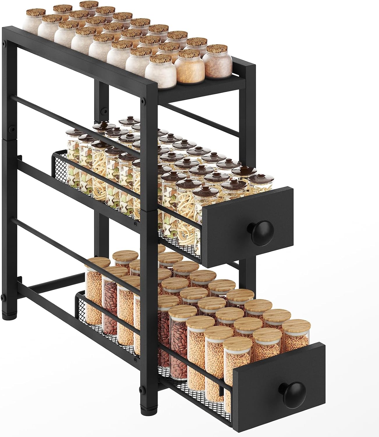 Spice Rack, 3-Tier Pull Out Spice Rack Organizer for Countertop, Narrow Spinning Organizer with 2 Drawers, for Kitchen, Cafe, Black