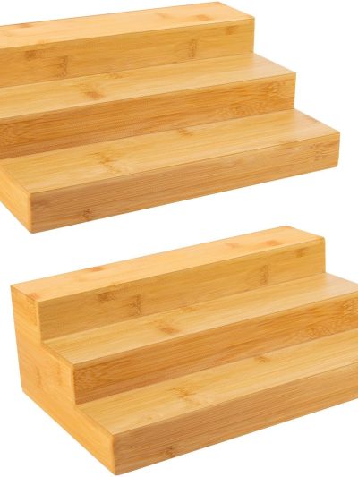 Bamboo Spice Rack Organizer for Cabinet - 3 Tier Countertop Step Spice Shelf for Kitchen Storage and Organizer (2 Pack, Cabinet)