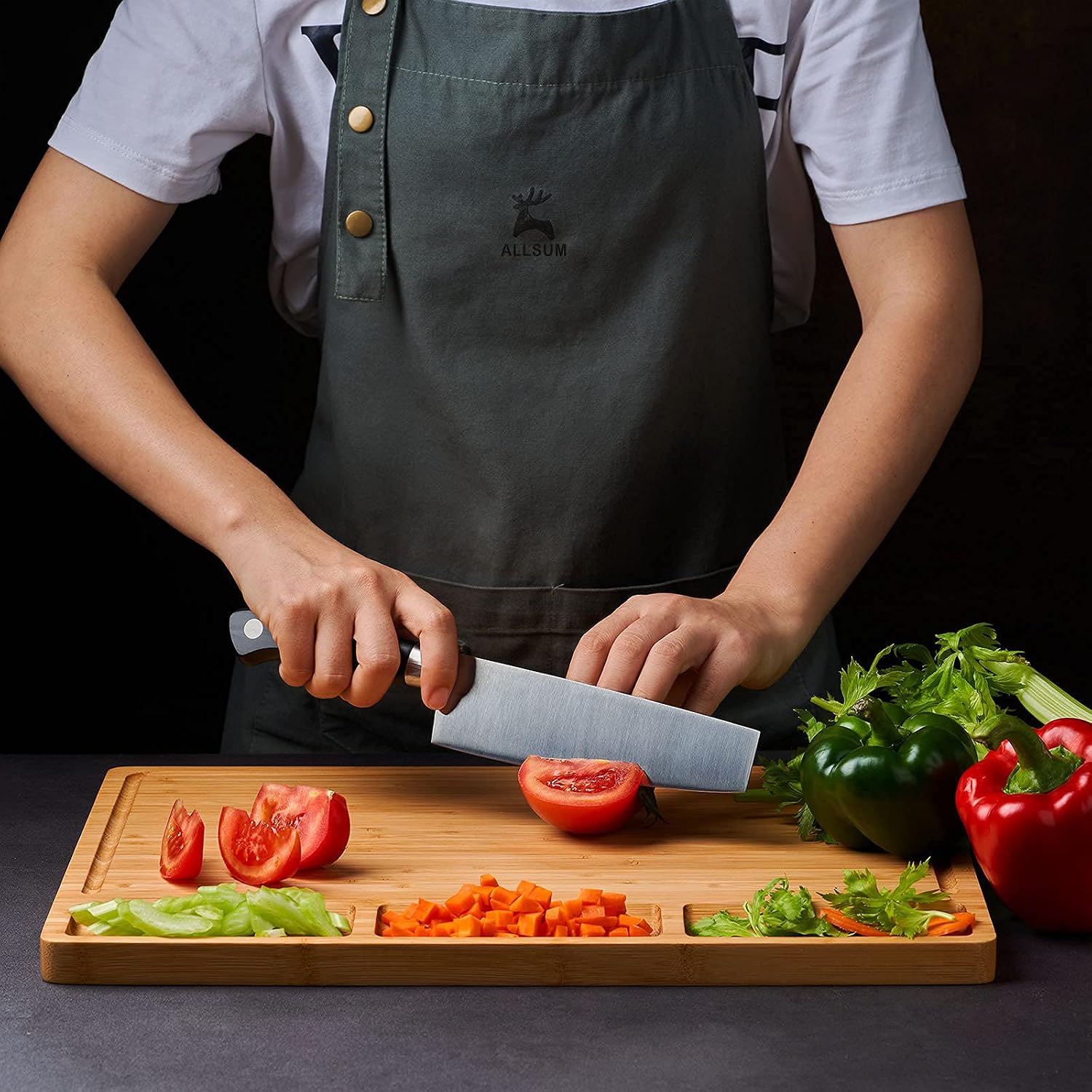 Large Bamboo Wood Cutting Board for Kitchen, Cheese Charcuterie Board with 3 Built-in Compartments and Juice Grooves, Butcher Block (17x12.6") - Image 2