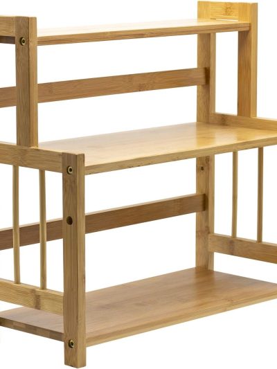 Kitchen Countertop Organizer Bamboo Wooden Counter Storage Shelf Rack for Spice, Soap, Skin care, Makeup Display Stand, Bathroom Shelves, Vanity, Office (3-Tier)