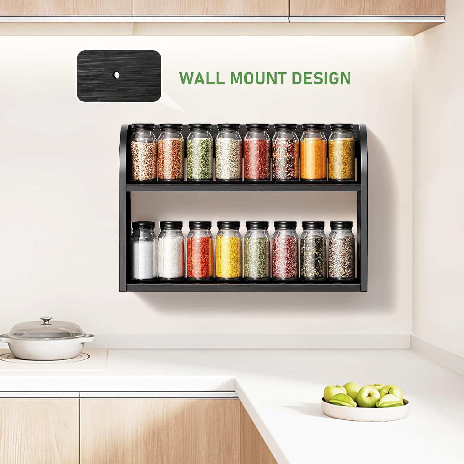 2 Tier Bamboo Spice Rack, Countertop or Wall Mounting Wood Spice Jars Organizer Shelf for Kitche, Pantry (Black) - Image 2