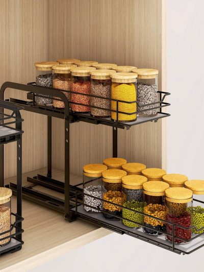 Spice Rack Organizer for Cabinet, 2 Tier Pull Out Spice Organizer for Cabinet Height Adjustable Heavy Duty Metal Basket for Inside Cabinets & Pantry Closet