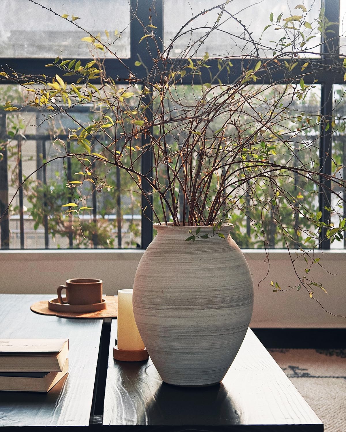 10 inch Ceramic Rustic Vase Whitewashed Retro Vase Wabi Sabi Pottery Vase Jar Vase Fresh and Dried Flower Vase Table Centerpiece Vase Farmhouse Home Decor (Grey White)