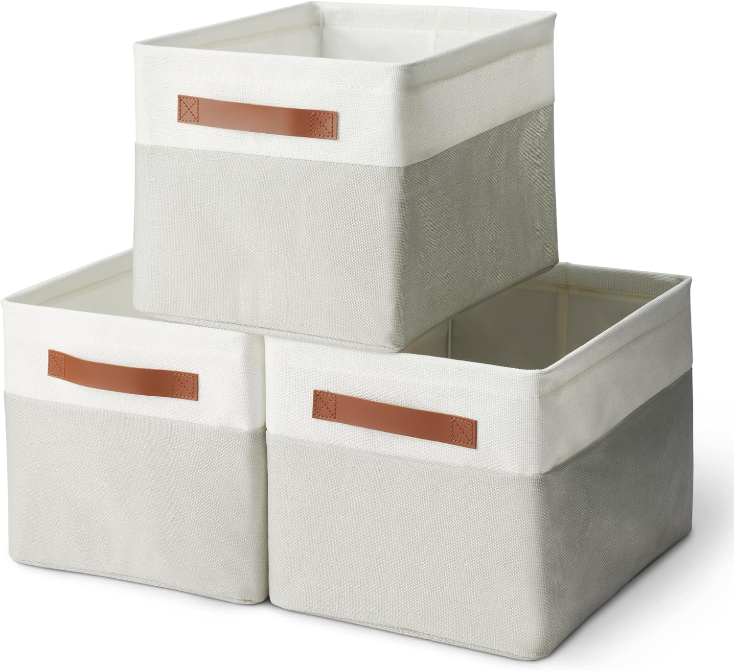 Collapsible Storage Bins with Faux Leather Handles, Foldable Organizing Containers for Closet, Clothes, Toys, Linen, Large, 3-Pack