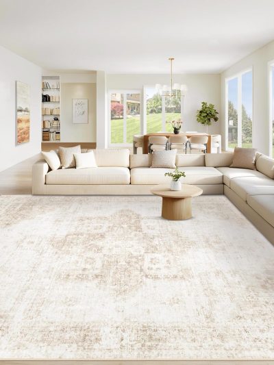 Area Rug 8x10 Washable Rug, Vintage Boho Medallion Rugs Non-Slip Soft Low Pile Large Distressed Rug Indoor Retro Carpet for Living Room Bedroom Dining Room Office Children's Room(Beige, 8'x10')