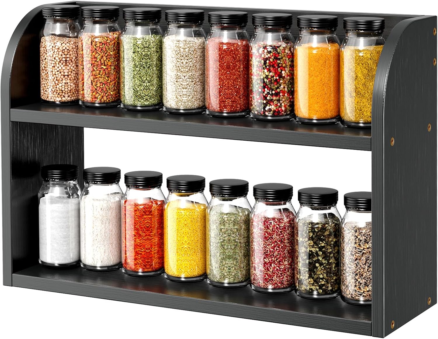 2 Tier Bamboo Spice Rack, Countertop or Wall Mounting Wood Spice Jars Organizer Shelf for Kitche, Pantry (Black)