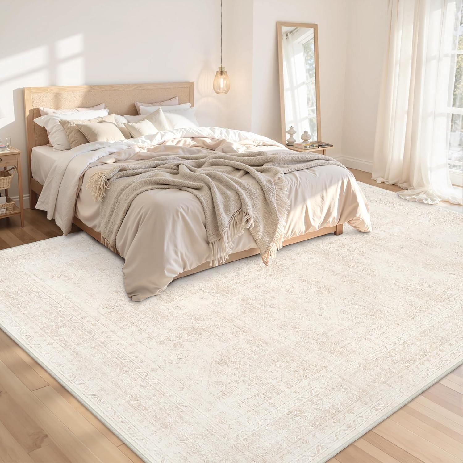 8x10 Area Rugs for Living Room: Vintage Boho Neutral Washable Rug Indoor Soft Large Area Rug Carpet for Bedroom Nursery Farmhouse Dining Room Office Floor Non-Slip Low Pile Under Table Rug Beige - Image 2