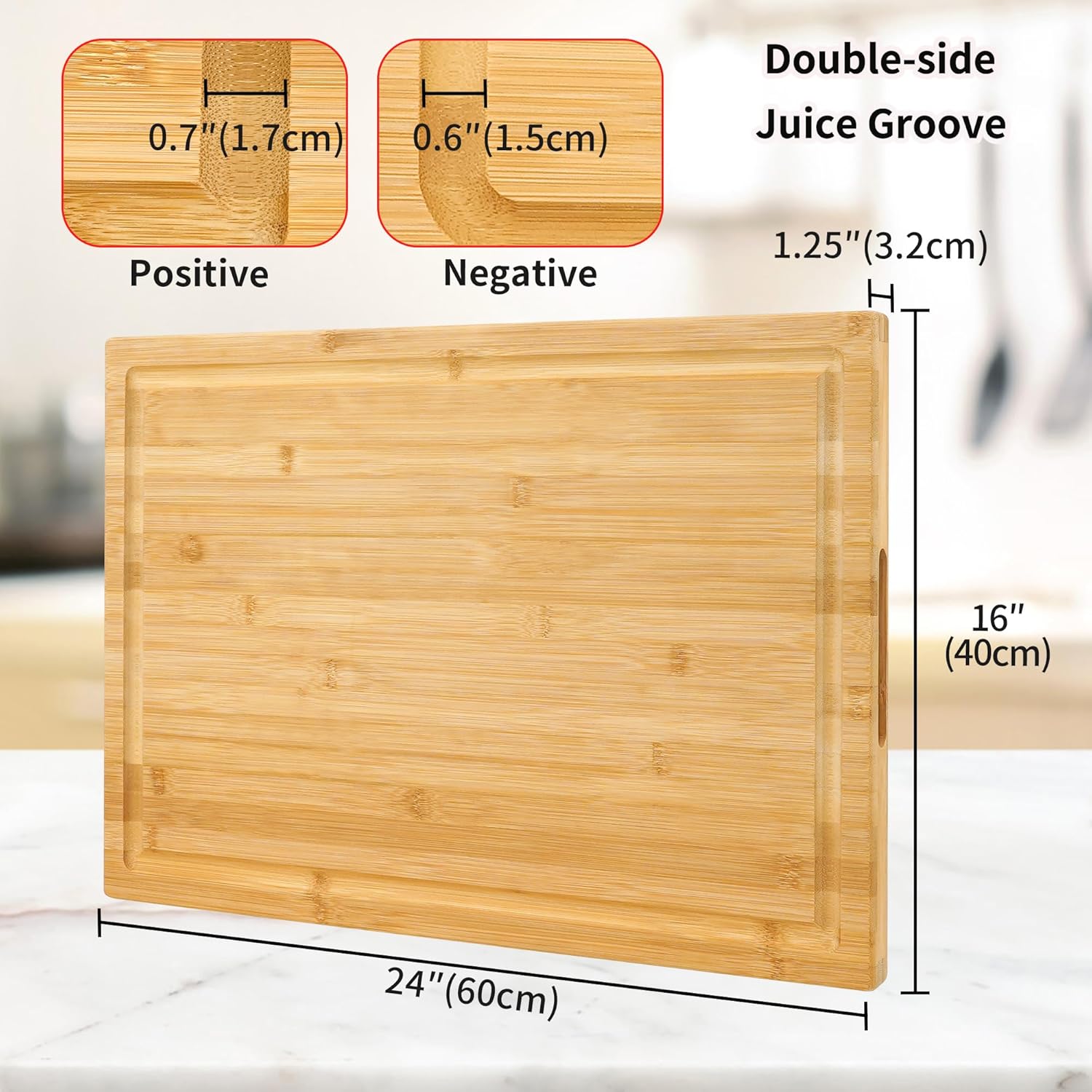 Extra Large XXXL Bamboo Cutting Board 24 x16 Inch, Largest Wooden Butcher Block for Turkey, Meat, Vegetables, BBQ, Over the Sink Chopping Board with Handle and Juice Groove, Thickness 1.25" - Image 2