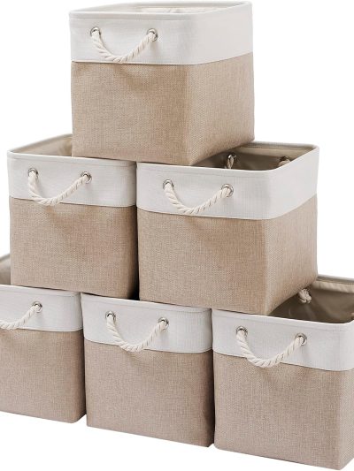 11 x 11 Inch Cube Storage Bins, 6 Pack Large Collapsible Fabric Storage Bin with Ropes, Foldable Storage Cubes for Home, Office,Closet, Clothes, Toys Organizer (White & Beige-11"x11"x11")