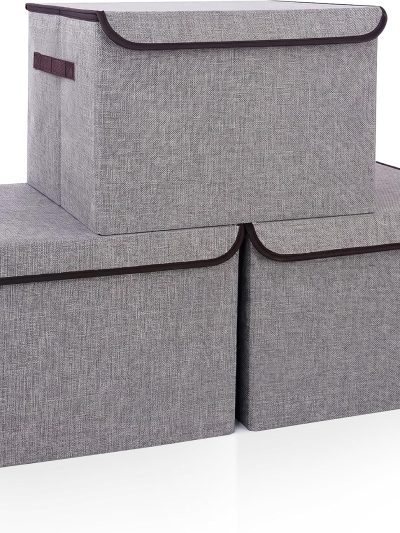 Large 17" 42 Quarts Collapsible Stackable Storage Bins with Lids [3-Pack] Foldable Fabric Linen Storage Boxes Cube, Closet Organizer Baskets with Label for Home (16.7 x 12 x 12, Gray)
