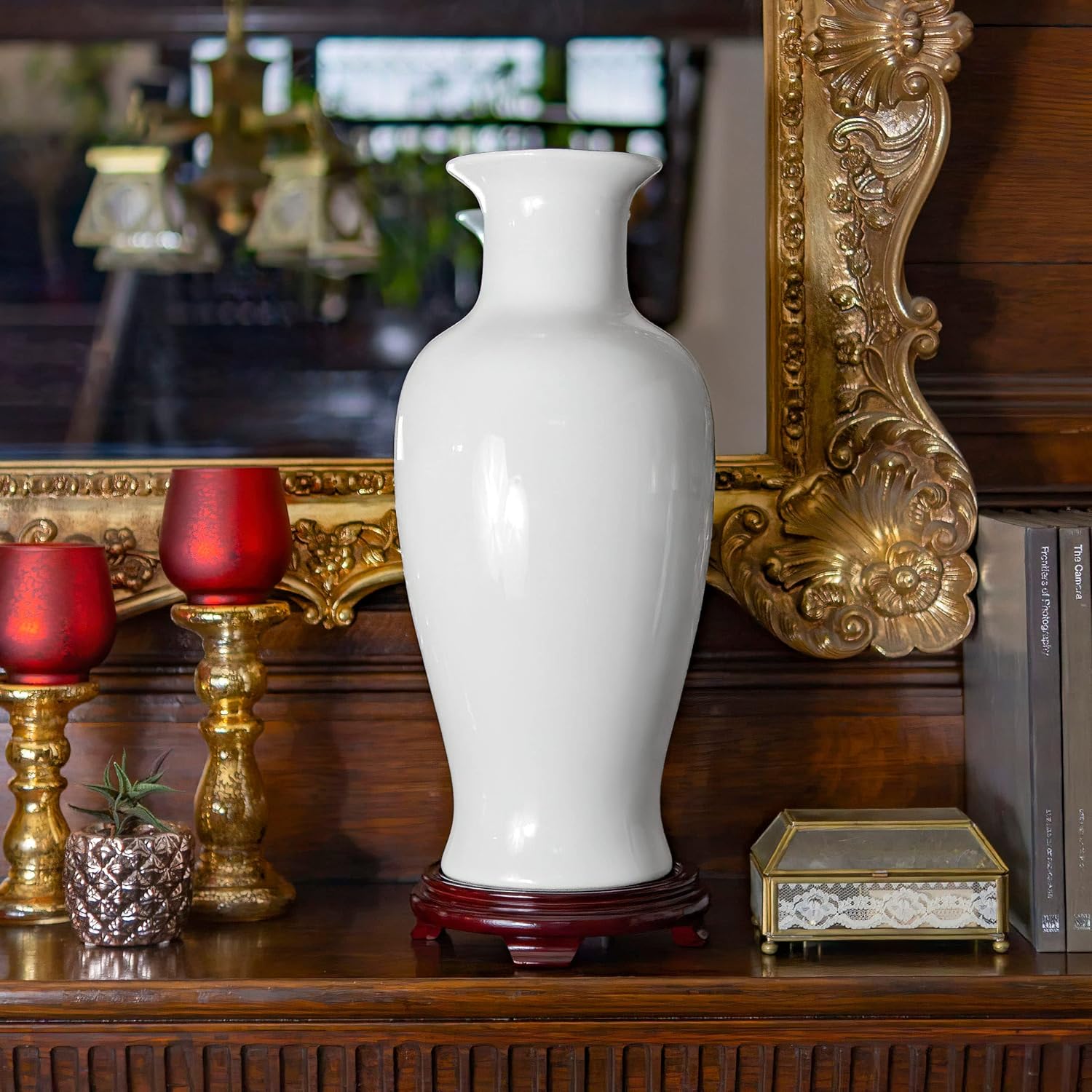 Red Lantern 18" Antique White Porcelain Fishtail Vase