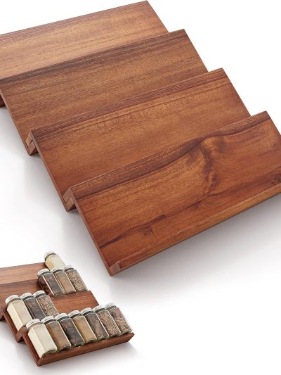 Acacia Spice Rack Organizer for Drawer - Wooden Tray Spice Racks Organizer for Cabinet Storage Shelf - 4 Tier Spice Rack Organizer for Drawer (Acacia Wood pack 4)