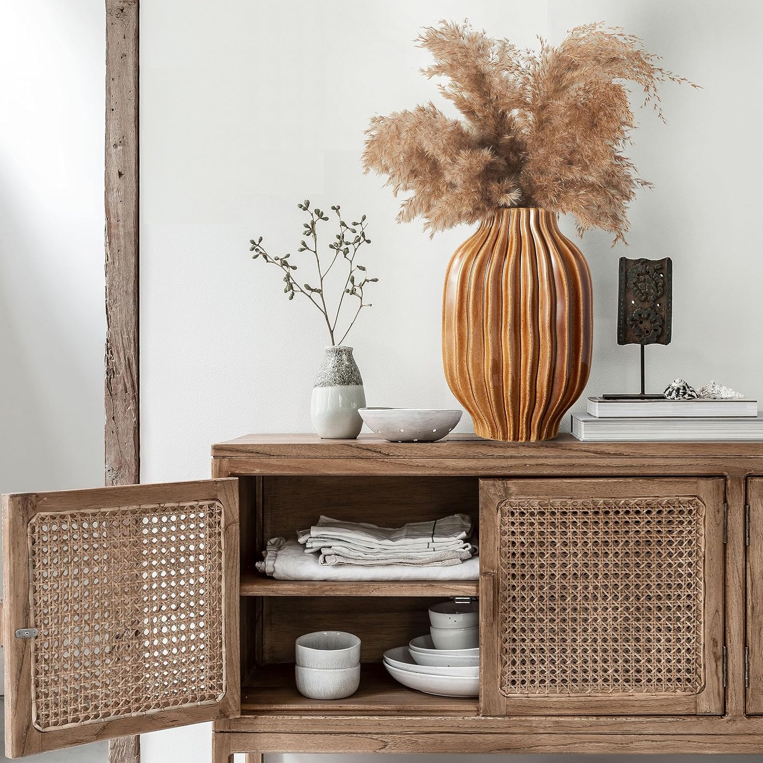 11” Large Ceramic Vases for Farmhouse Entryway Decorative Pottery Living Room Kitchen Decoration Fall Flower Vase for Pampas Grass Fireplace Mantel Console Table - Image 2