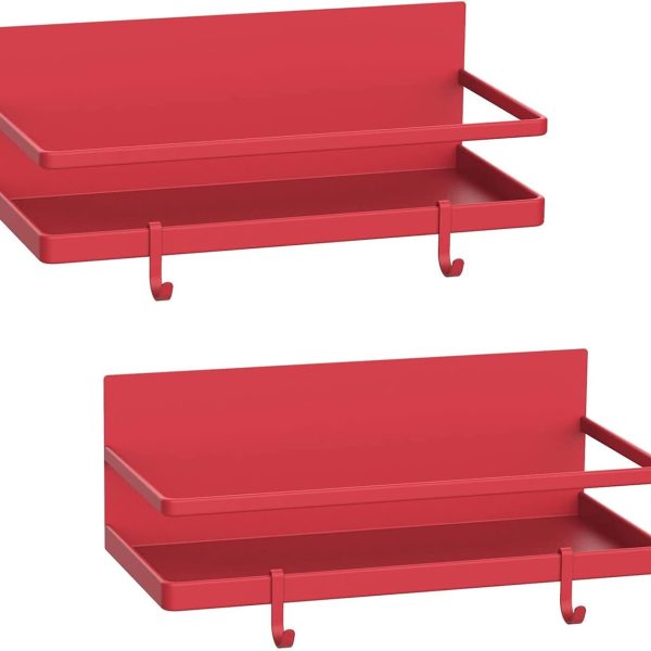 Magnetic Spice Rack Organizer Refrigerator Spice Storage Shelf（Red 2 pack with hook）