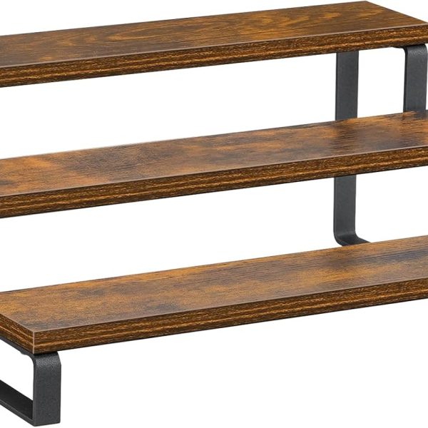 3-Tier Spice Rack, 13.7 Inch Wood Step Shelf Countertop Spice Storage Holder, Kitchen Pantry Cabinet Organizer Cupboard for Spice Bottles, Jars, Seasonings, Baking Supplies, Metal Frame