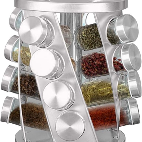 Portable Stainless Steel Spice Rack with 16 Spice Jars Included Revolving Spice Organizer for Kitchen Tower Storage Rack for Spices and Seasoning Silver
