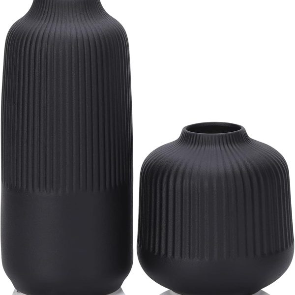 Ceramic Flower Vase Set 2 Large Matte Black Vase for Home Decor Ribbed Vases for Room Office Shelf Decor, Simple Yet Gorgeous Classic Nordic Style Vases for Fresh Dried Flowers Pampas Grass, 10 inch