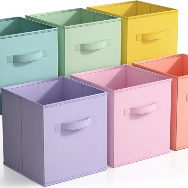 11 Inch Fabric Storage Cubes - Sturdy Collapsible Bins With Handle - 6 Foldable Baskets for Organizing Clothes, Toys, Books - Multi Colored Storage Baskets for Shelves, Kids Room, Closets