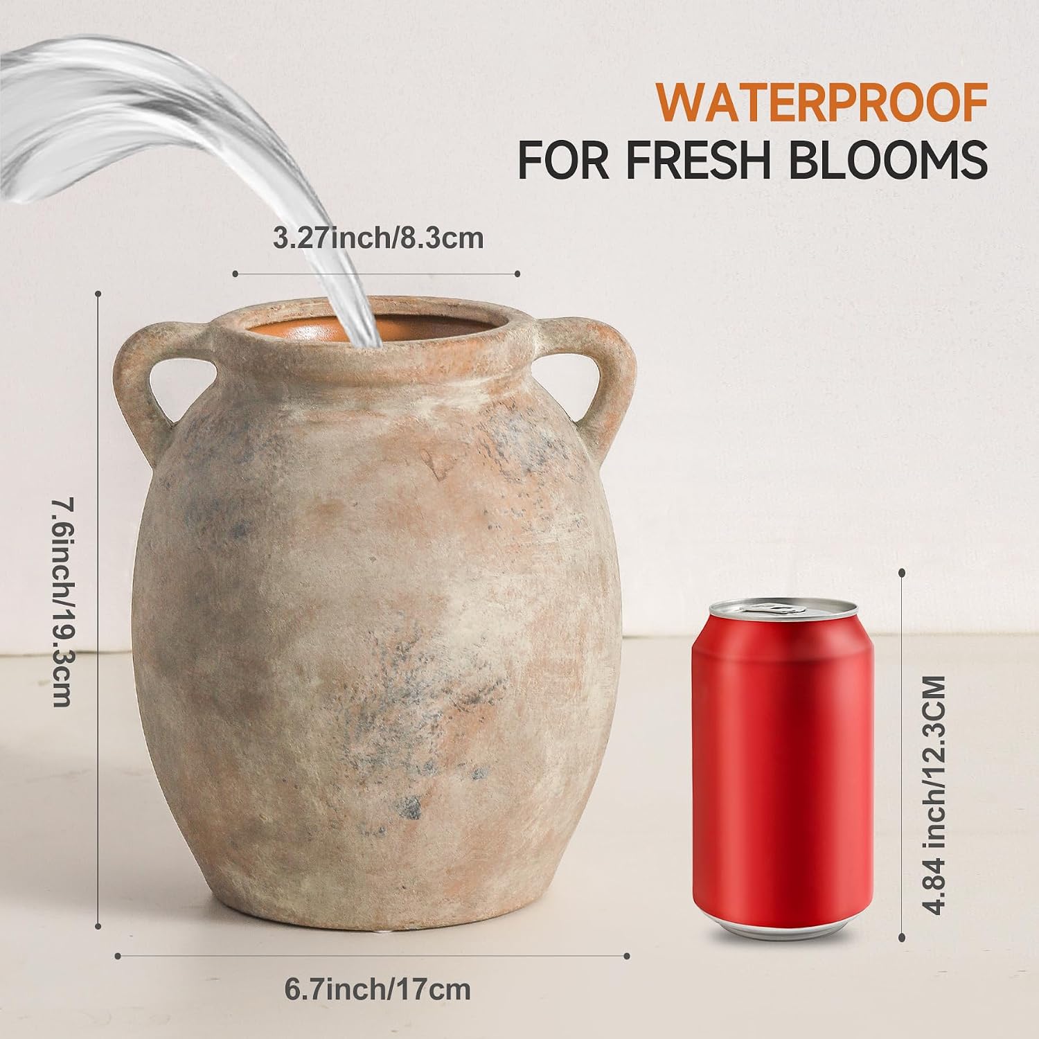 Ceramic Flower Vase 7.6 inch Farmhouse Rustic Vase Decorative Pottery Terracotta Vases for Home Decor Table Mantle Fireplace Living Room Bathroom Wedding Centerpiece (Whitewashed) - Image 2