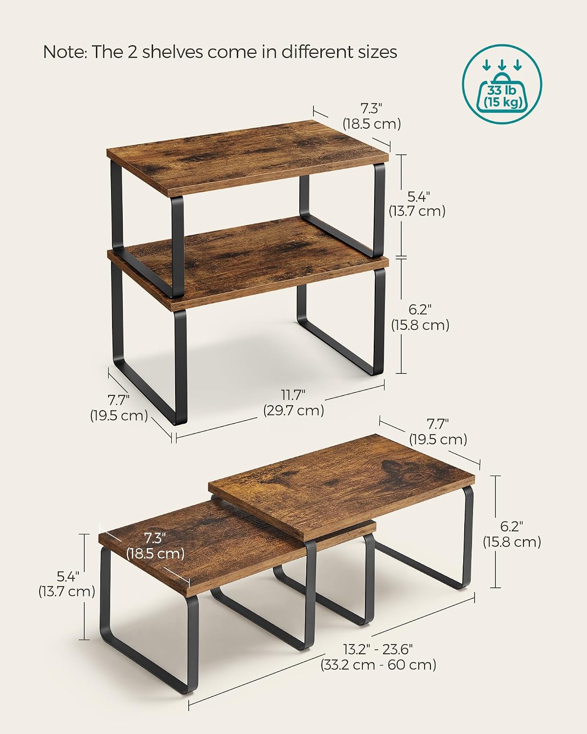 Cabinet Organizer Shelf, Set of 2 Kitchen Counter Shelves, Kitchen Storage, Spice Rack, Stackable, Expandable, Metal and Engineered Wood, Ink Black and Rustic Brown - Image 2
