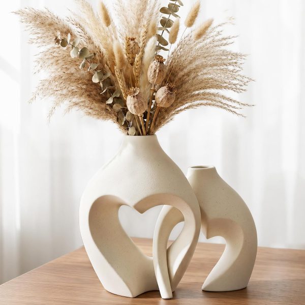 White Ceramic Flower Vase Home Table Decor Heart Shaped Vase Set of 2 | Boho Heart Shaped Minimalist Decorative Vases for coffee Table Centerpiece Wedding Dining Living Room Office House Decoration