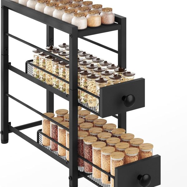 Spice Rack, 3-Tier Pull Out Spice Rack Organizer for Countertop, Narrow Spinning Organizer with 2 Drawers, for Kitchen, Cafe, Black
