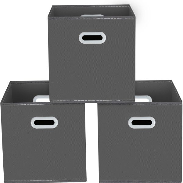 storage bins Cubes, Fabric Cube Organizer with Handle, Foldable Cube Bins for Cloth or Accessary Storage, 11x11x11, Set of 3,(Gray)