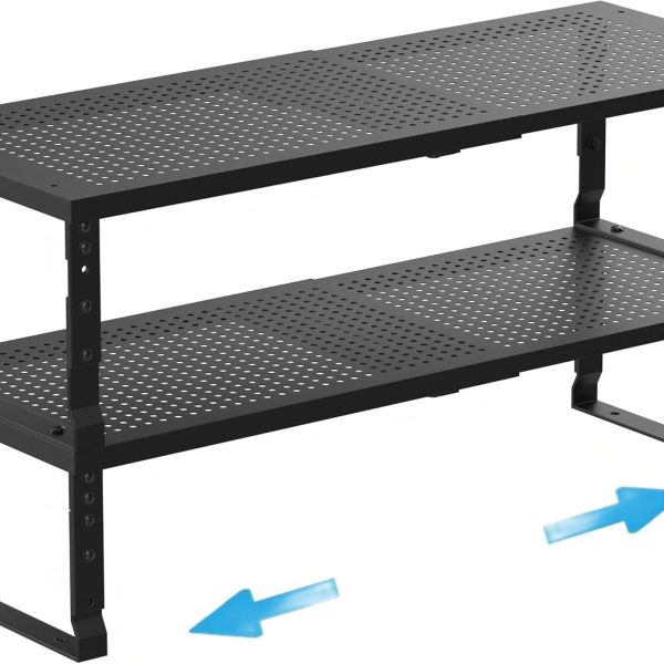 Expandable Spice Rack Kitchen Cabinet Shelf Organizer, Stackable Storage Shelves Racks, Adjustable Counter Shelving for Cabinets, Countertop, Cupboard,Pantry and More(2Packs/Black/Medium)