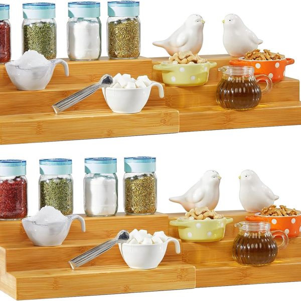 Bamboo Expandable Spice Rack Organizer, 3-Tier Adjustable Kitchen Cabinet, Countertop Display Shelf, Space Organizer for Kitchen and Bathroom (Pack of 2)