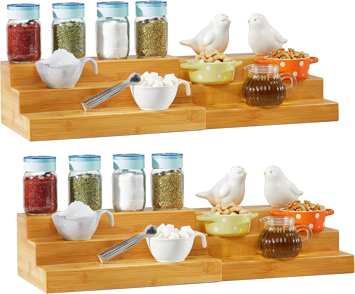 Bamboo Expandable Spice Rack Organizer, 3-Tier Adjustable Kitchen Cabinet, Countertop Display Shelf, Space Organizer for Kitchen and Bathroom (Pack of 2)