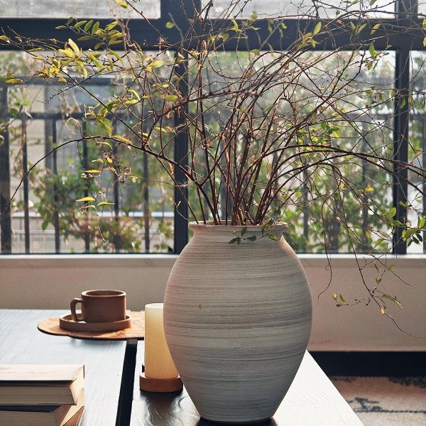 10 inch Ceramic Rustic Vase Whitewashed Retro Vase Wabi Sabi Pottery Vase Jar Vase Fresh and Dried Flower Vase Table Centerpiece Vase Farmhouse Home Decor (Grey White)