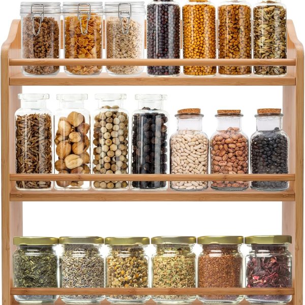 3-Tier Bamboo Spice Rack, 15.74" L x 5.11" W x 16.53" H, Wood Spice Jars Holder, Seasoning Rack Spice Bottle Shelf Organizer for Kitchen Countertop or Wall Mounting
