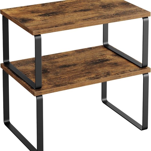 Cabinet Organizer Shelf, Set of 2 Kitchen Counter Shelves, Kitchen Storage, Spice Rack, Stackable, Expandable, Metal and Engineered Wood, Ink Black and Rustic Brown