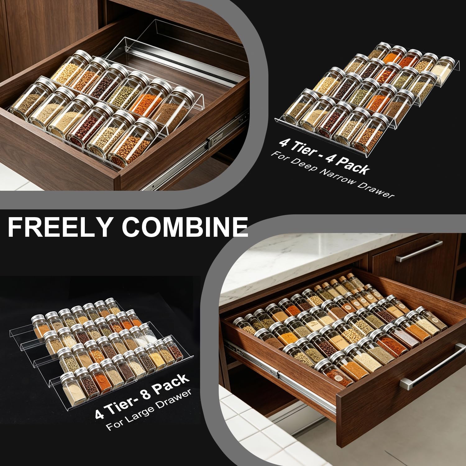 Spice Drawer Organizer 8 Tier, Acrylic Seasoning Organizer Rack, Clear Spice Rack Tray, Kitchen Seasoning Jars Drawers Insert (Clear 4-Pack) - Image 2