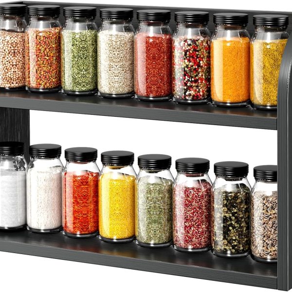 2 Tier Bamboo Spice Rack, Countertop or Wall Mounting Wood Spice Jars Organizer Shelf for Kitche, Pantry (Black)