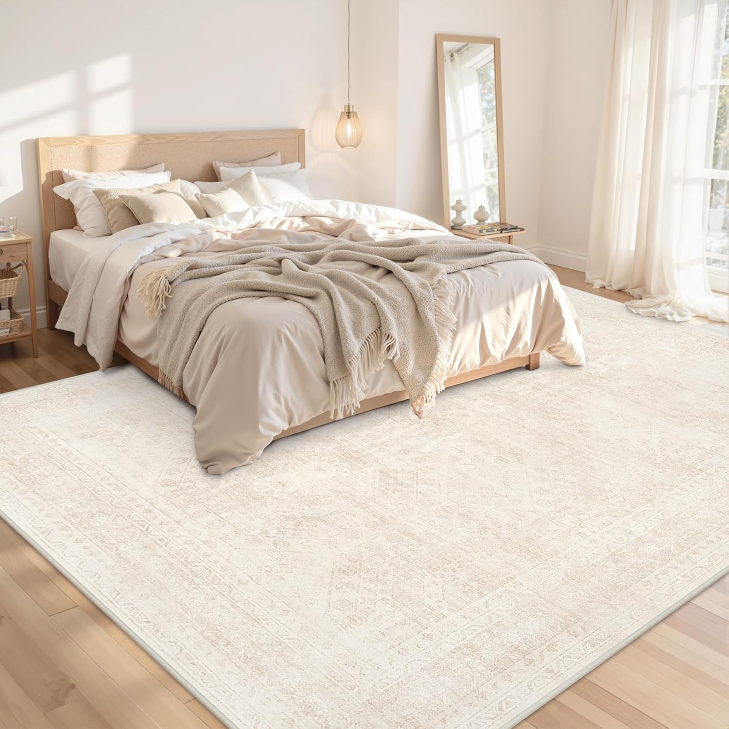 8x10 Area Rugs for Living Room: Vintage Boho Neutral Washable Rug Indoor Soft Large Area Rug Carpet for Bedroom Nursery Farmhouse Dining Room Office Floor Non-Slip Low Pile Under Table Rug Beige - Image 2
