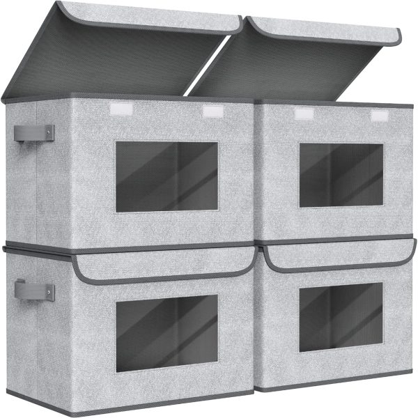 Fabric Foldable Storage Boxes [4-Pack] Large Collapsible Stackable Storage Bins with Lids, Closet Organizers and Storage Cube Basket for Home, Office, Bedroom (Gray, 17“ x 12” x 12")