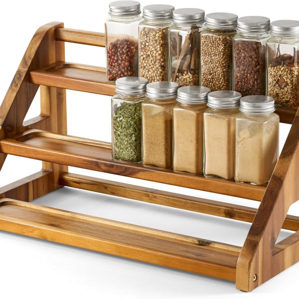Wood Spice Organizer for Countertop - Acacia Wooden Tray Holds 24 Jars Spice Racks Organizer for Cabinet Storage Shelf - 3 Tier Spice Rack Organizer Seasoning for Kitchen Pantry