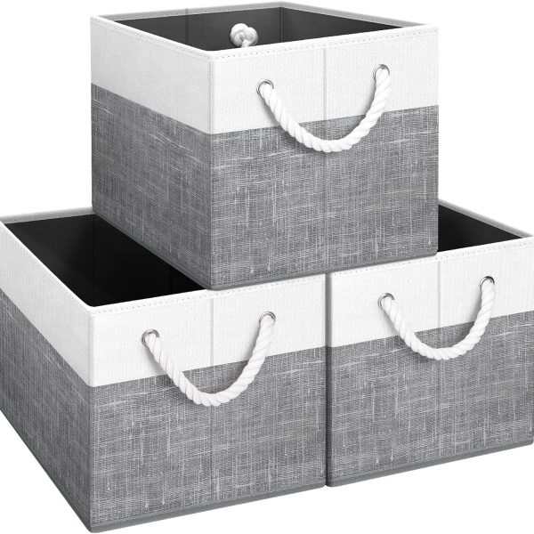 Storage Bins 3-Pack, Foldable Storage Baskets for Organizing Toys, Books, Shelves, Closet, Large Storage Box with Rope Handles, Sturdy Organizer Bins, White & Grey