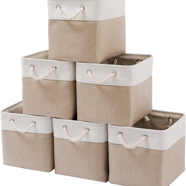 11 x 11 Inch Cube Storage Bins, 6 Pack Large Collapsible Fabric Storage Bin with Ropes, Foldable Storage Cubes for Home, Office,Closet, Clothes, Toys Organizer (White & Beige-11"x11"x11")