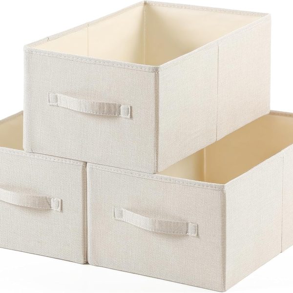 Linen Folding Storage Bins, 3 Pack Large Storage Baskets, Washable, Clothing Storage Bins with Handle, Closet Organizer for Storage Sweater,Sheets(Beige, 18½"x11 x8½)